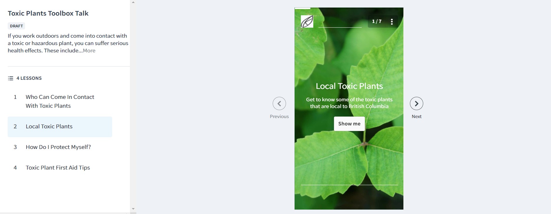 A screenshot of 4 lessons of a toxic plant toolbox talk and the introduction page on local toxic plants