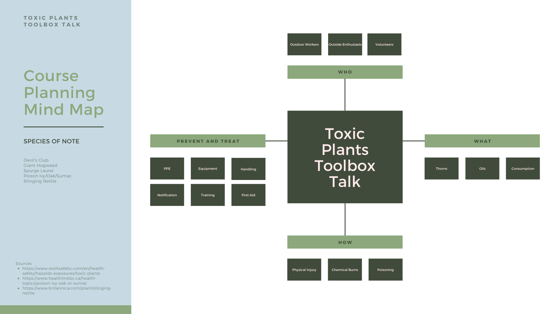 A mindmap on a toolbox talk for toxic plants. Covers what species, sources, who, what, how and prevention and treatment topics to cover